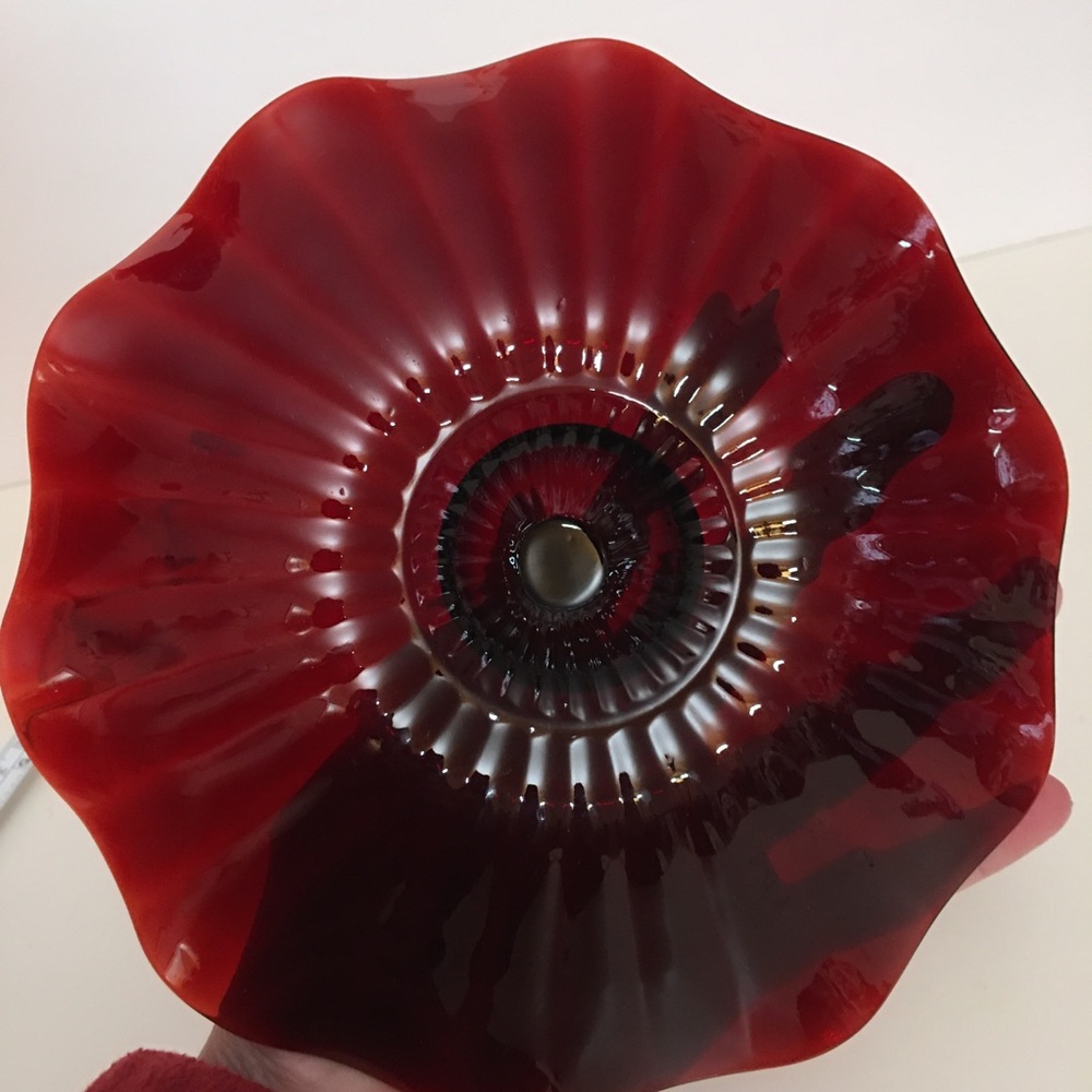 Vintage art Deco Cranberry Glass Candy Dish Wavy Edging with Handle Trinket Tray - Picture 9 of 11